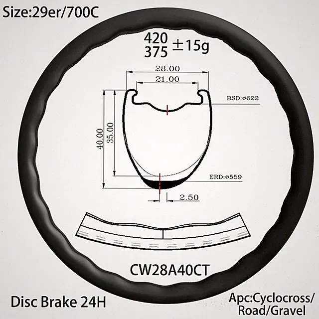 40X28mm Wave Shape Carbon Rim Disc Brake Asymmetry Ring UD 3K 700C/29er